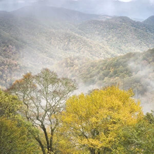 Scenic landscape with foggy mountains from Deep Creek Overlook in autumn, Great Smoky Mountains National Park, North Carolina, USA
