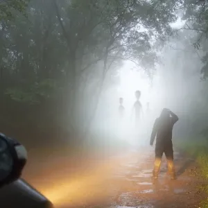 A science fiction concept of a man looking at aliens coming out the mist on a foggy A science fiction concept of a man looking at aliens coming out the mist on a foggy