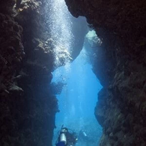 Scuba diver leaving a cave, Marsa Alam, Red Sea, Egypt, Africa