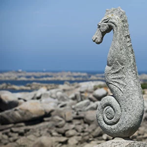 Sculpture of a seahorse, Plouescat, Cote des Abers, Brittany, France