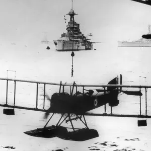 Seaplane Print circa 1916: A Fairey Campania lowered onto water Seaplane Print circa 1916: A Fairey Campania lowered onto water