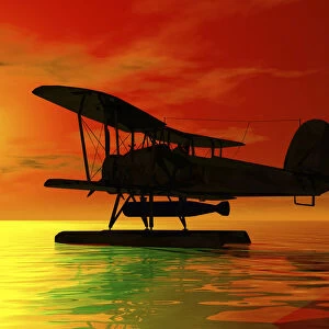 Seaplane landing at sunset, silhouette, 3D graphics