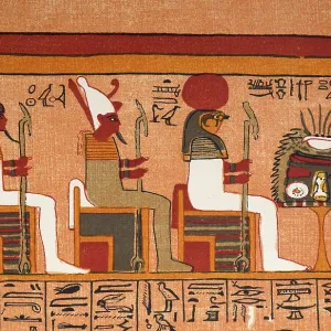 Seated Ancient Egpytian Gods, including the hawk head Horus god of kingship and the sky Seated Ancient Egpytian Gods, including the hawk head Horus god of kingship and the sky