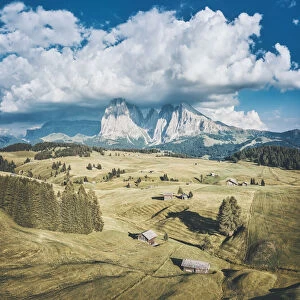 Seiser Alm at sunset, Alpe di Siusi. Aerial view, Summer in the Dolomites Alps