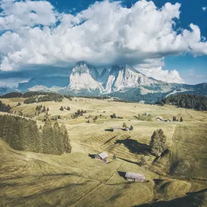 Seiser Alm at sunset, Alpe di Siusi. Aerial view, Summer in the Dolomites Alps Seiser Alm at sunset, Alpe di Siusi. Aerial view, Summer in the Dolomites Alps