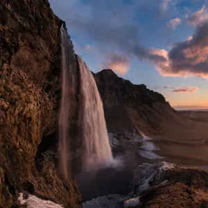 Seljalandsfoss waterfall at sunset, Iceland