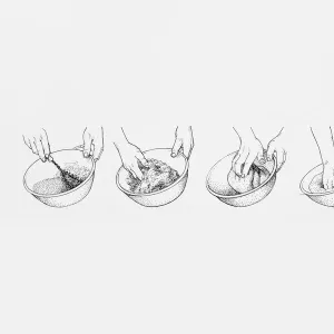 Sequence of black and white illustrations showing how to make bread dough