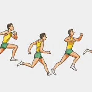 Sequence of illustrations of male athlete performing triple jump