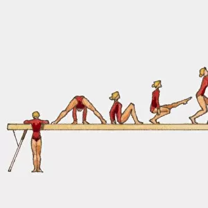 Sequence of illustrations showing female gymnasts competing on balance beam