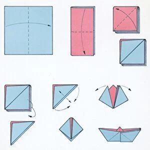 Sequence of illustrations showing how to make a pink and blue paper boat