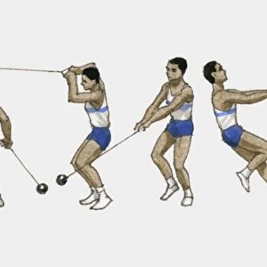 Sequence of illustrations showing male athlete throwing hammer