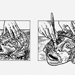 Series of black and white illustration of how Aztec masks were made using gold