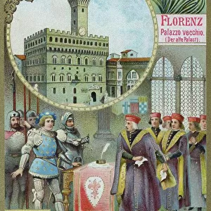 Series of famous Italian town halls, Italy, Florence, Palazzo vecchio, 1494, Pier Capponi tears up the treaty to Carl VIII of France, Historic, digitally restored reproduction of a collector's picture from c. 1900, exact date unknown