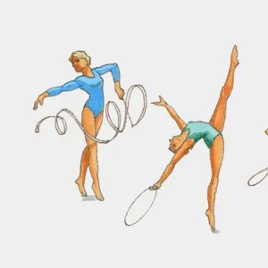 Series of illustrations showing rhythmic gymnasts using the ribbon, hoop, ball, rope and clubs