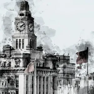 Shanghai bund clock tower in Chinese national holiday with red flag Shanghai bund clock tower in Chinese national holiday with red flag