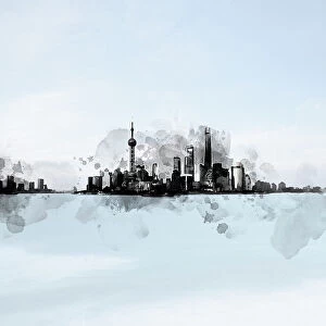 Shanghai skyline in a sunny day, ink painting style