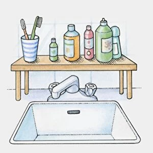 A shelf over a sink holding bottles and toothbrushes