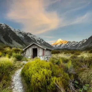 Shelter at Hooker Valley track with Mount Cook as background at Aoraki Mount Cook