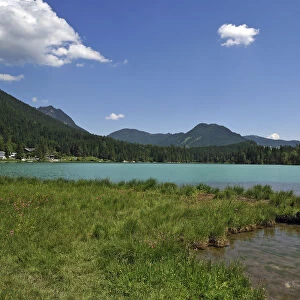 The shimmering green Lake Hintersee, Ramsau bei Berchtesgaden, Berchtesgadener Land District, Upper Bavaria, Bavaria, Germany