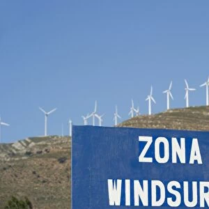 Sign and wind turbines, Tarifa, Costa de la Luz, Andalucia, Spain, Europe