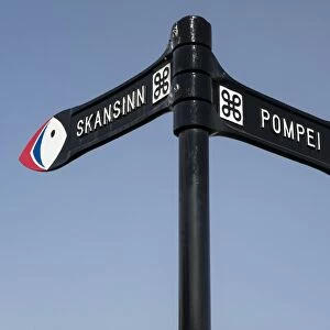 Signposts Pompei and Skansinn, town of Vestmannaeyjar, Heimaey Island, Westman Islands, south Iceland or Suourland, Iceland, Europe