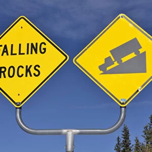 Signs, falling rocks and steep decline, Highway 65, Grand Mesa National Forest, Colorado, USA
