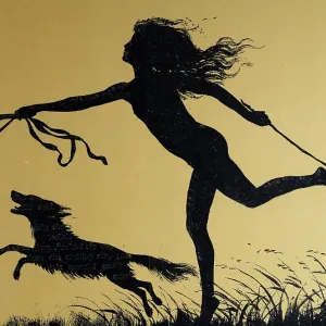 Silhouette of a carefree young woman and her dog, Art Nouveau, Jugendstil, Vintage illustration, 1890s, 19th Century