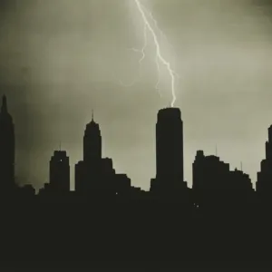 Silhouettes of skyscrapers and lightning on black sky, (B&W) Silhouettes of skyscrapers and lightning on black sky, (B&W)