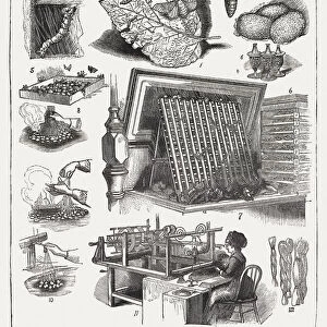 Silk production, wood engraving, published in 1877