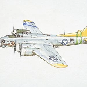 Silver Boeing B-17G American military jet with yellow Tail, side view