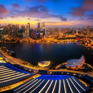 Singapore Panoramic Print: Night and Sunset Skyline View Singapore Panoramic Print: Night and Sunset Skyline View