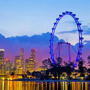 Singapore skyline and the Singapore Flyer at dusk