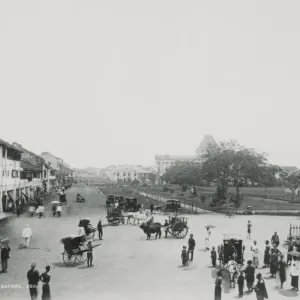 Singapore Street Ox Carts and Rickshaws Print, circa 1900 Singapore Street Ox Carts and Rickshaws Print, circa 1900