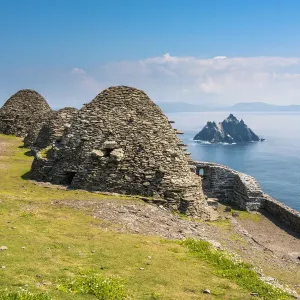 Skellig Michael (Great Skellig), Skellig islands, County Kerry, Munster province, Ireland, Europe. Monasterys architecture on the top of of the island Skellig Michael (Great Skellig), Skellig islands, County Kerry, Munster province, Ireland, Europe. Monasterys architecture on the top of of the island