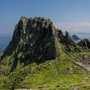 Skellig Michael (Great Skellig), Skellig islands, County Kerry, Munster province, Ireland, Europe. The stone stairs leading to the monastery on top of the island Skellig Michael (Great Skellig), Skellig islands, County Kerry, Munster province, Ireland, Europe. The stone stairs leading to the monastery on top of the island