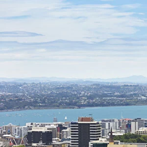 Skyline of Auckland with Skytower and Takapuna at the rear, Mount Eden, Auckland, Auckland Region, New Zealand
