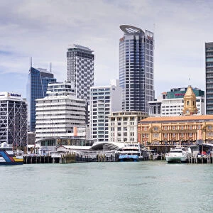 Skyline and historic harbour buildings, Auckland, Auckland Region, New Zealand