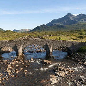 Sligachan Bridge with Marsco peak and Sgurr nan Gillean Mountain of Cuillin Range, Isle of Skye, Scotland, United Kingdom