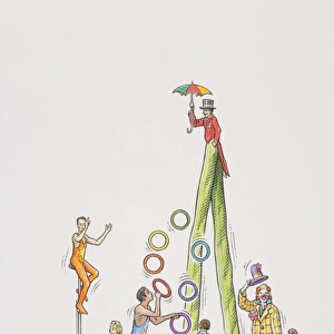 Small crowd watching four circus performers in the street, one cycling on unicycle, one dressed as a clown lifting his hat, one juggling colourful rings, and one walking on stilts and holding up an umbrella