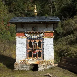 Small shelter for a Buddhist prayer wheel at the entrance to Dochula Pass, Bhutan, South Asia Small shelter for a Buddhist prayer wheel at the entrance to Dochula Pass, Bhutan, South Asia