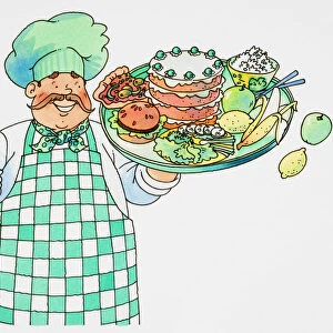 Smiling chef with moustache, checked apron and green chefs hat holding up tray stacked with food with one hand, front view