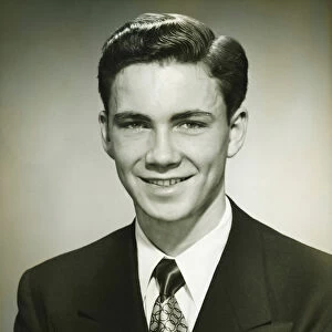 Smiling man posing in studio, (B&W), (Close-up), (Portrait)