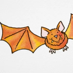 Smiling orange cartoon bat in flight, front view