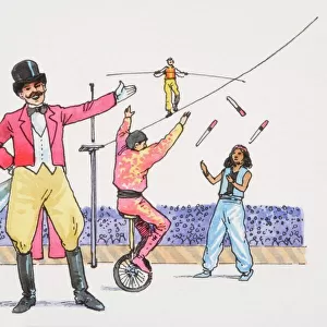 Smiling ringmaster in circus ring pointing to acrobats juggling, walking tightrope and balancing on unicycle