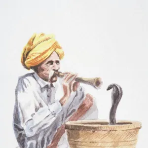 Snake charmer playing flute-like instrument, snake emerging from basket in front