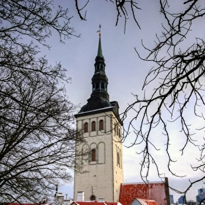 Snow covered St. Nicholas Church in Tallinn