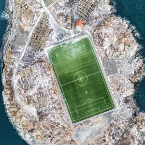 Soccer field from above, Henningsvaer, Norway Soccer field from above, Henningsvaer, Norway