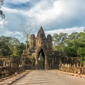South Gate of Angkor Thom complex. Bayon Temple Entrance, Angkor Thom gate, Siem Reap, Cambodia South Gate of Angkor Thom complex. Bayon Temple Entrance, Angkor Thom gate, Siem Reap, Cambodia