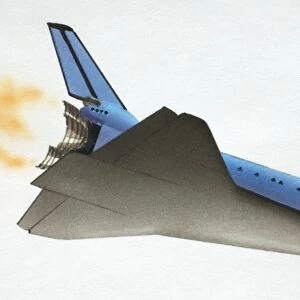 Space shuttle turning tail-first to return Earth, side view