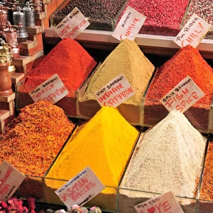 Spices, display in a store in the Spice Bazaar, Istanbul, Turkey, Europe